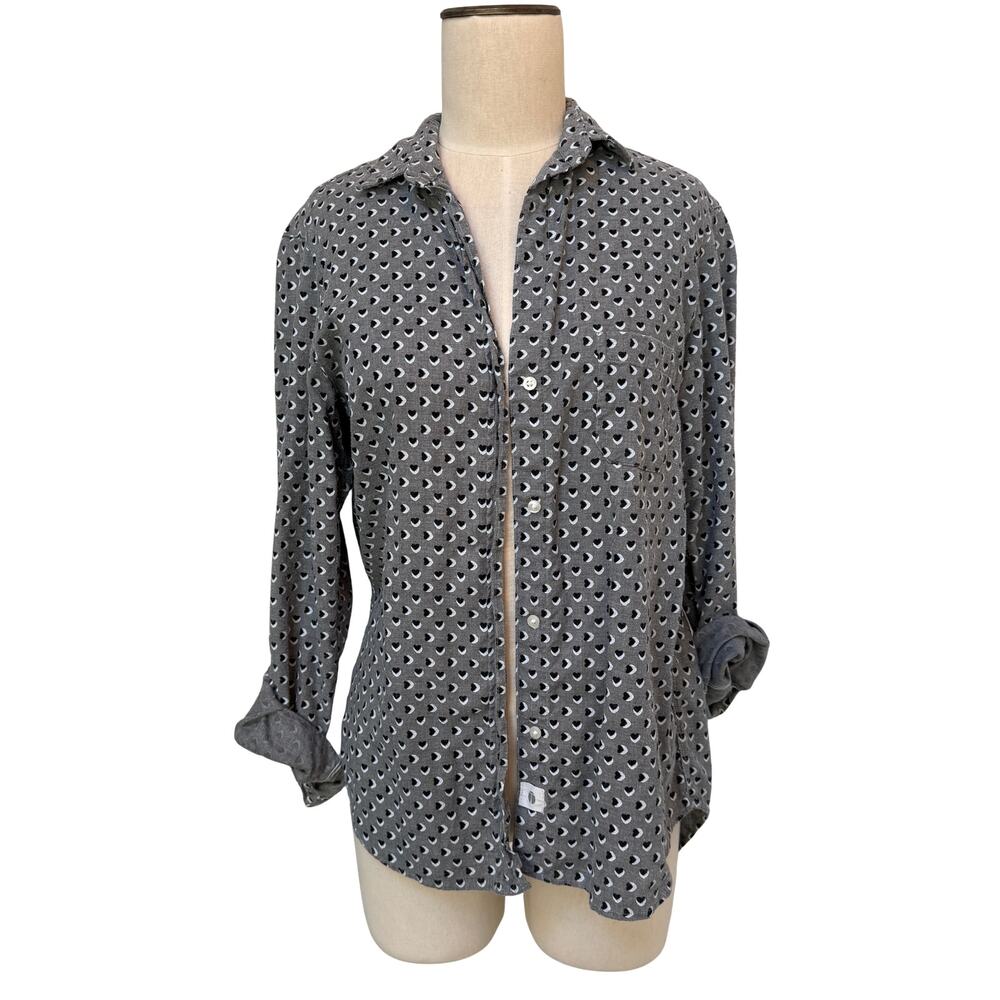 Grayson The Hero Gray Neutral Heart Printed Button Down Flannel Top Blouse Small